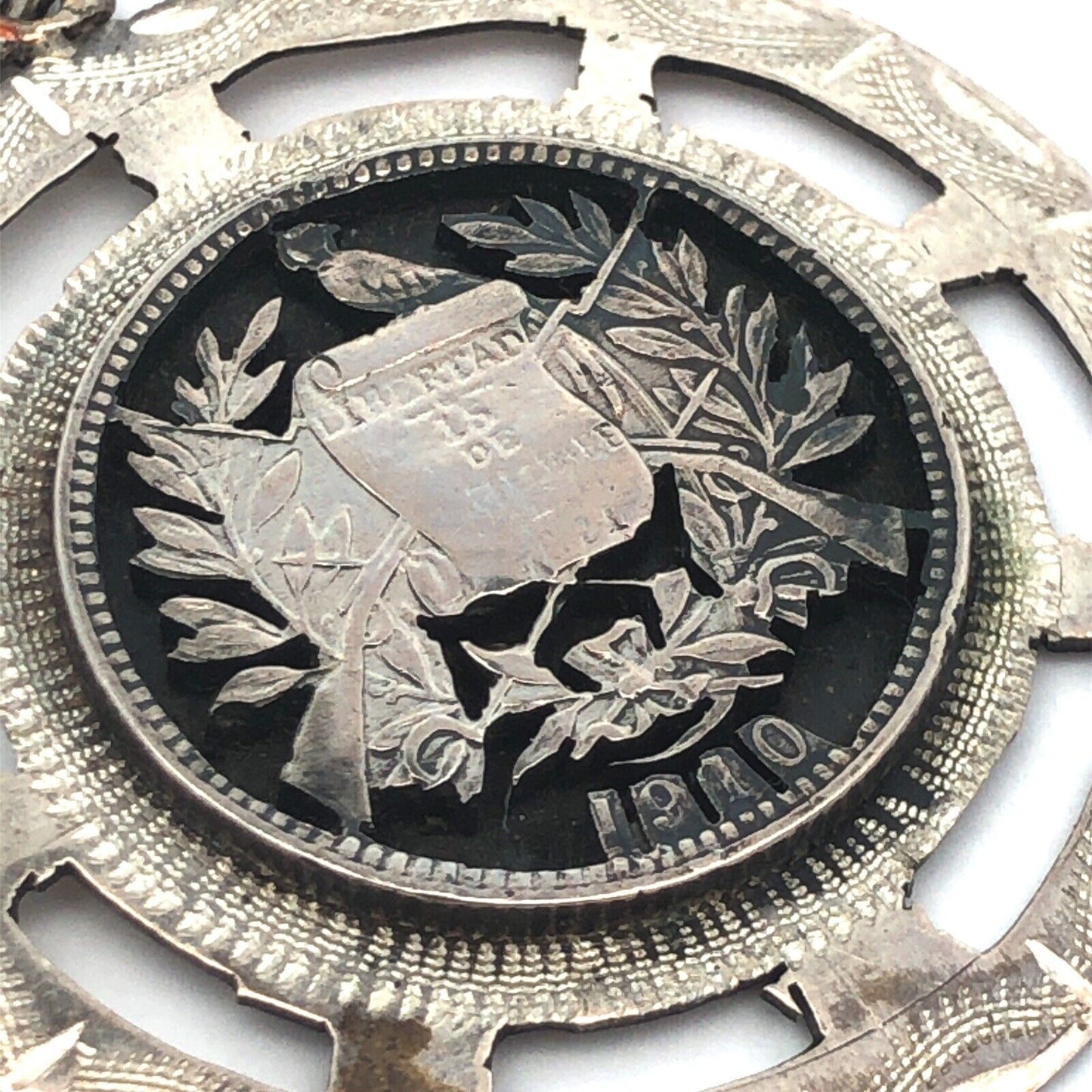 Vintage 1910 800 Fine Silver Guatemala Cut Out Coin Libertad de Setienbre Medal