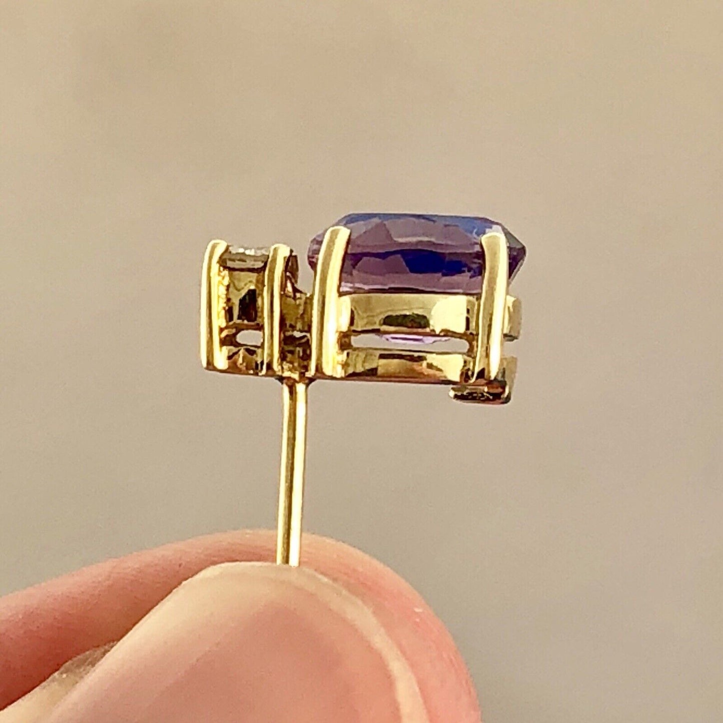 Classic 14K Yellow Gold Oval Amethyst Diamond Stud Earrings