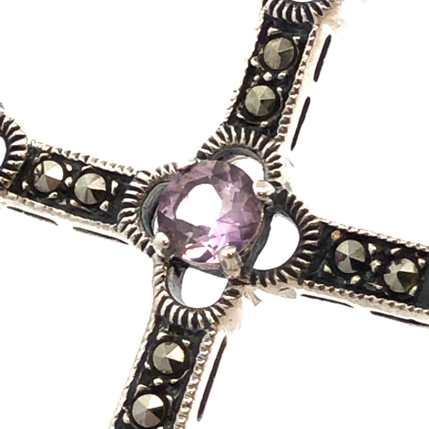 Vintage 925 Sterling Silver Round Amethyst Marcasite Statement Cross Pendant