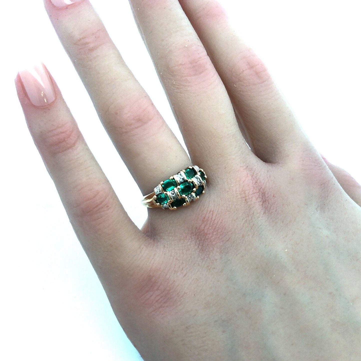 Designer 14K Yellow Gold Oval Emerald Diamond Accented Dome Cocktail Ring