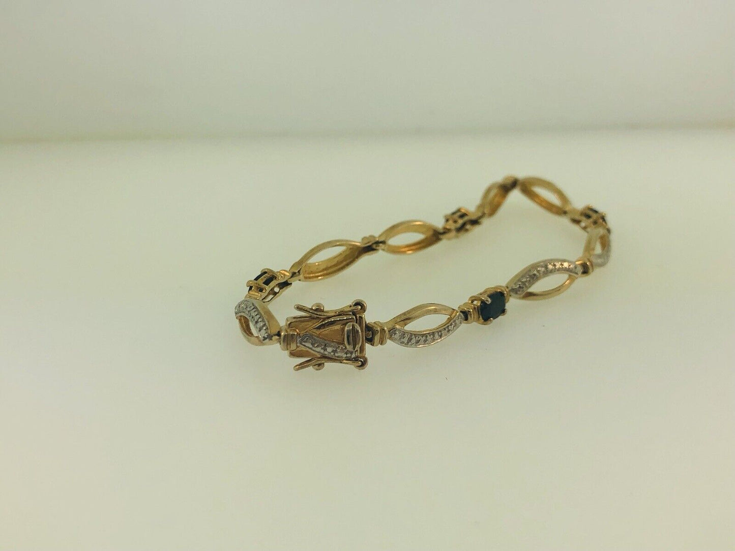 Estate Sterling Silver 925 Vermeil Oval Sapphire Station Tennis Bracelet