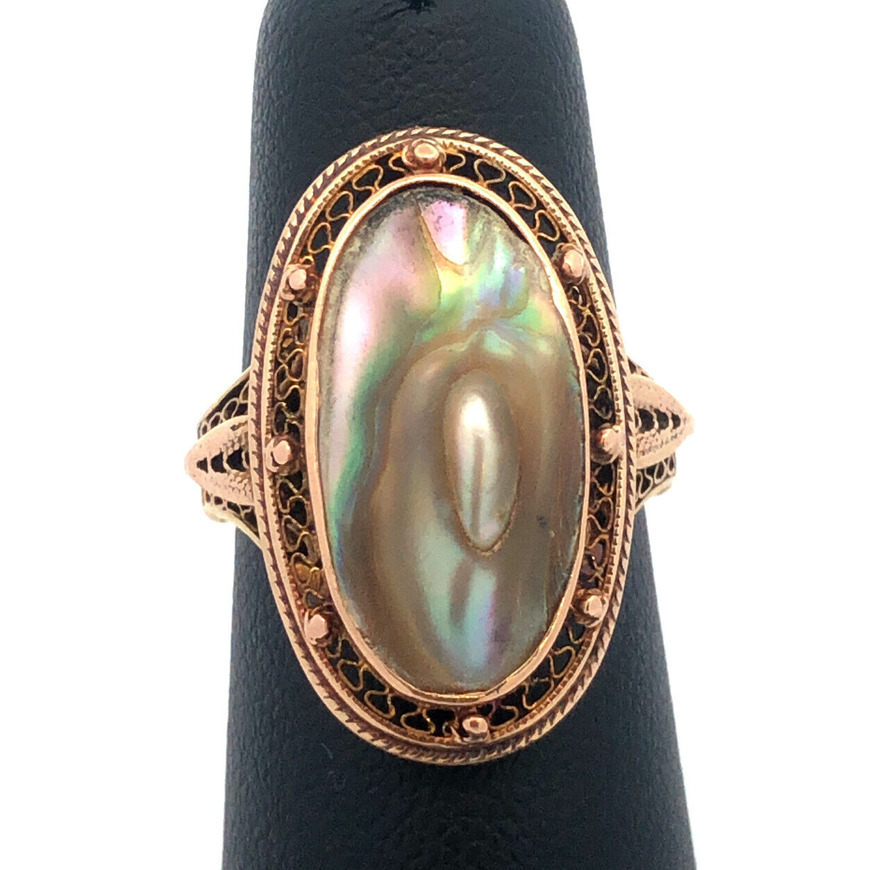Vintage Art Deco Retro 10K Yellow Gold Abalone Ring with Filigree Detailing