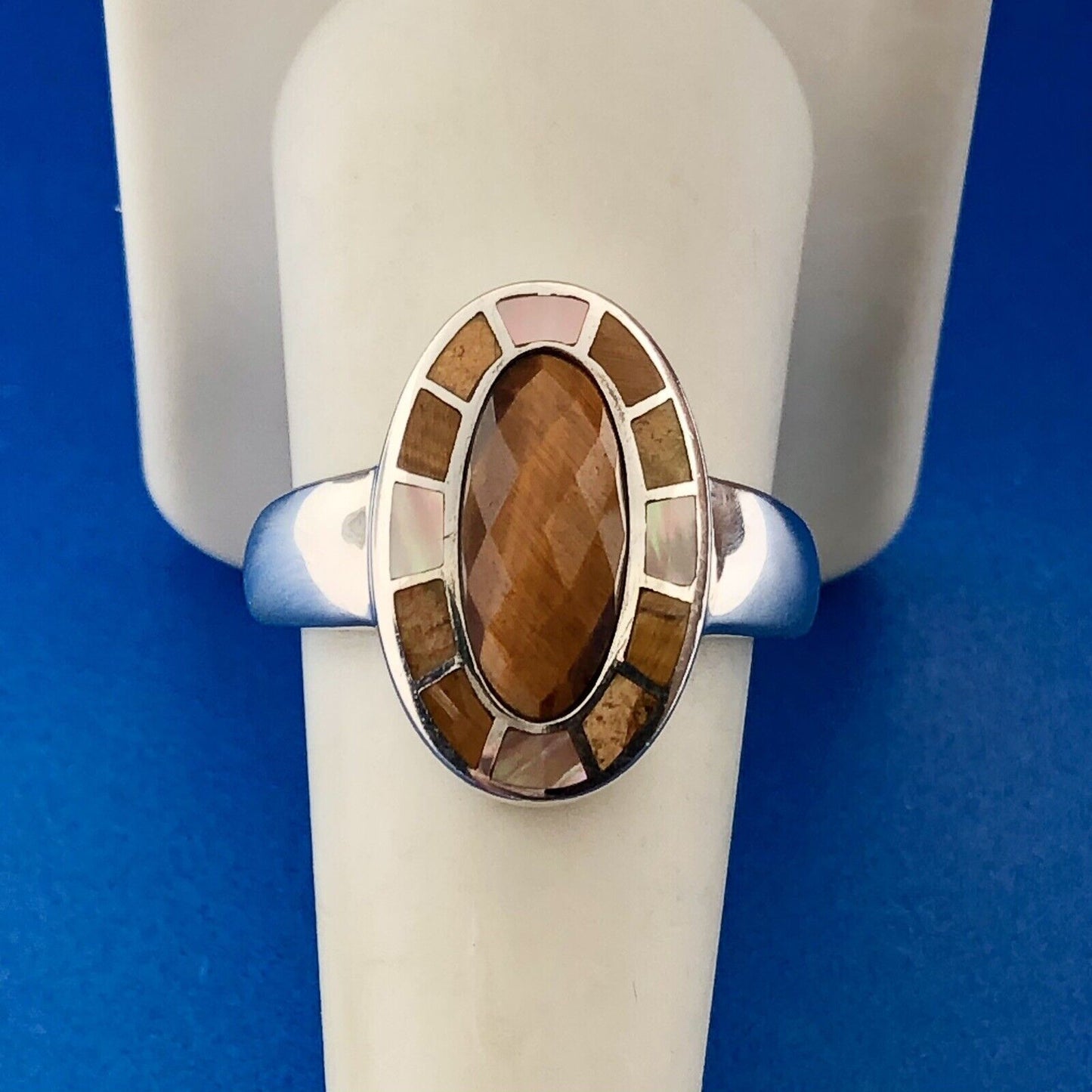Whitney Kelly WK 925 Sterling Silver Faceted Tiger's Eye Mosaic Inlay Halo Ring
