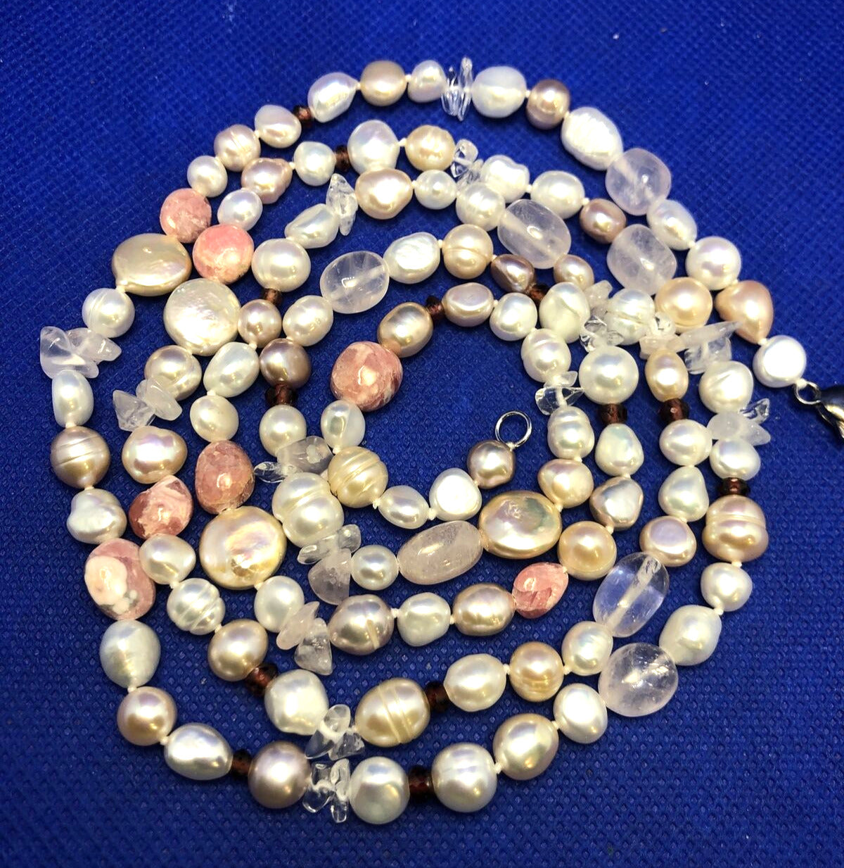 Sterling Silver Pink White Pearl Rhodochrosite Moonstone Garnet Beaded Necklace