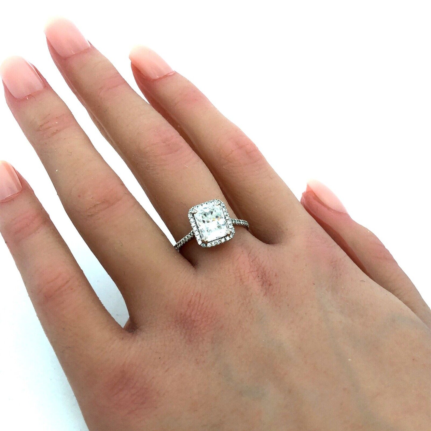 Designer 14K White Gold Emerald Cut Moissanite Halo Engagement Ring