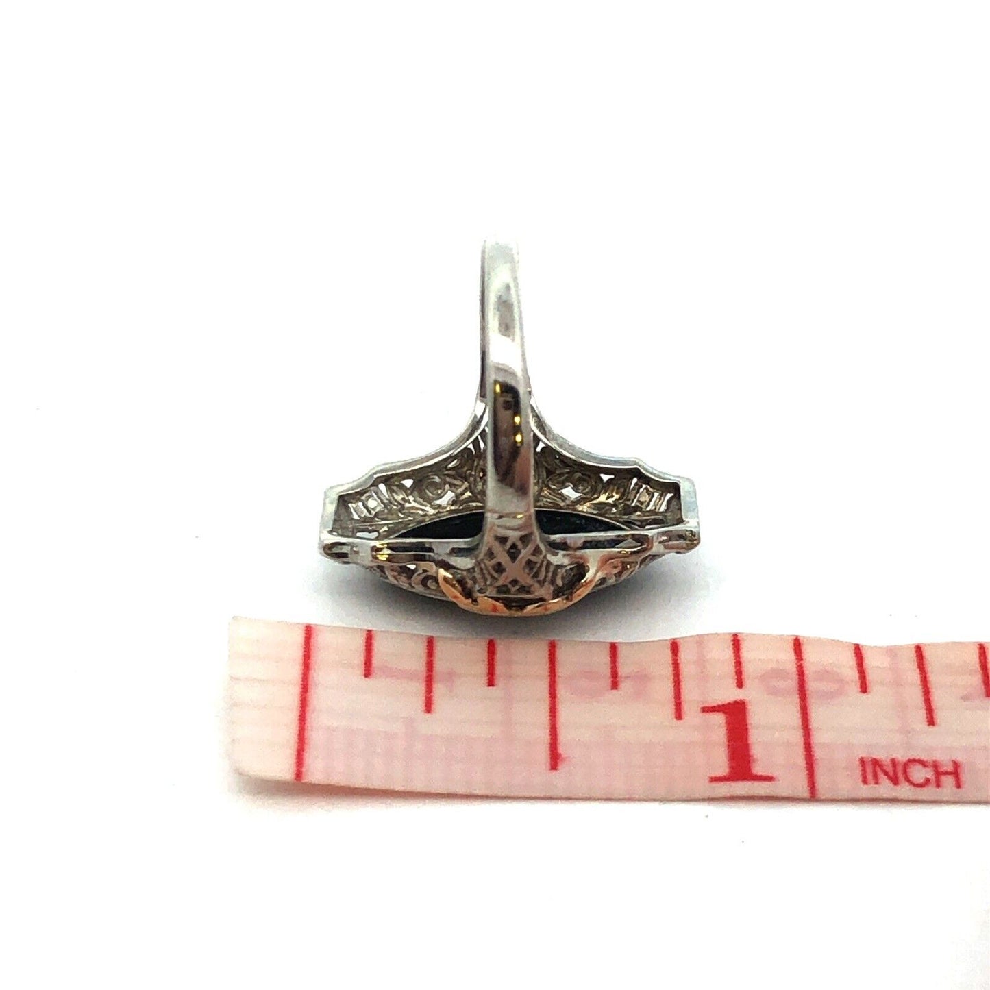 Vintage 14K White Yellow Gold Two Tone Black Onyx Diamond Art Deco Oval Ring