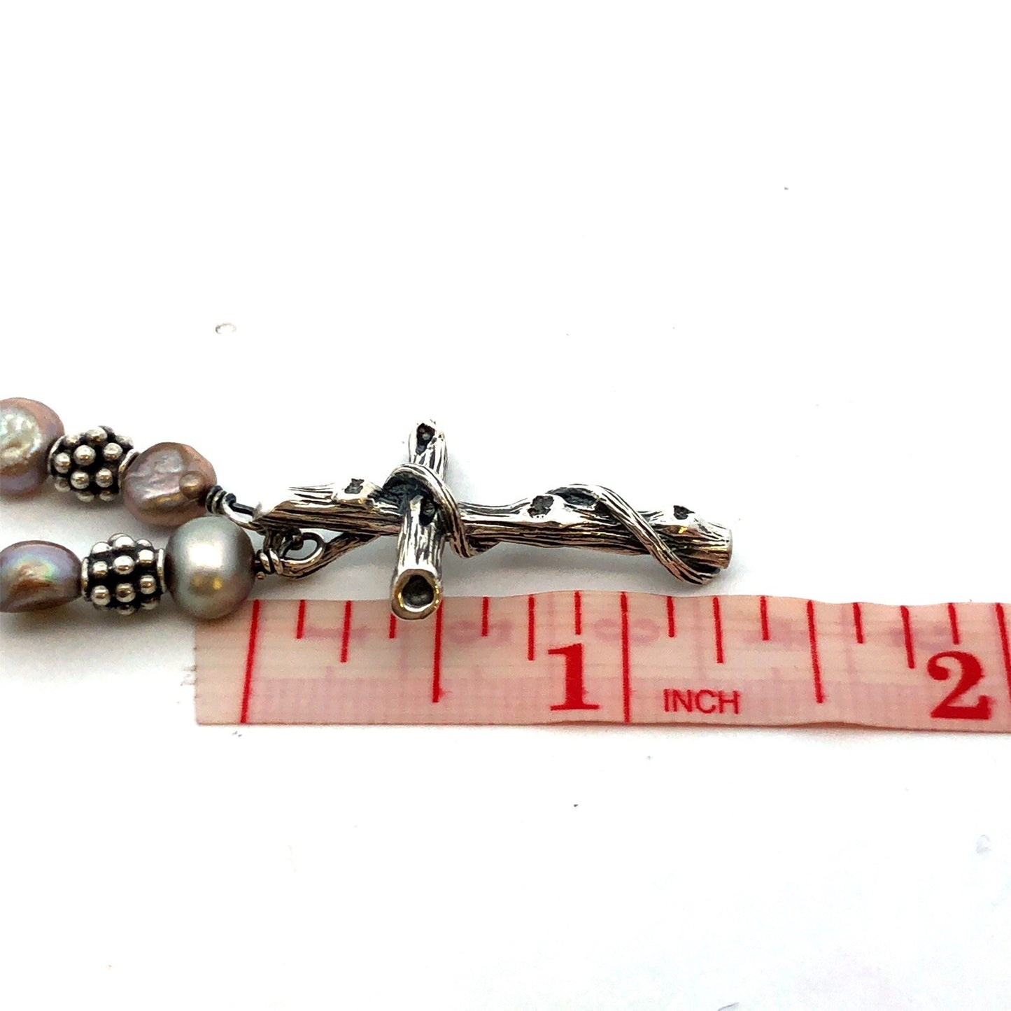 Retired Mignon Faget Sterling Silver Fences Cross Aquamarine Pearl Bead Necklace