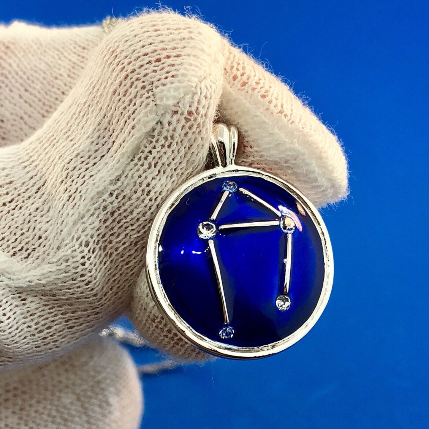 BGE Sterling Silver 925 Blue Enamel Cubic Zirconia LIBRA Constellation Necklace