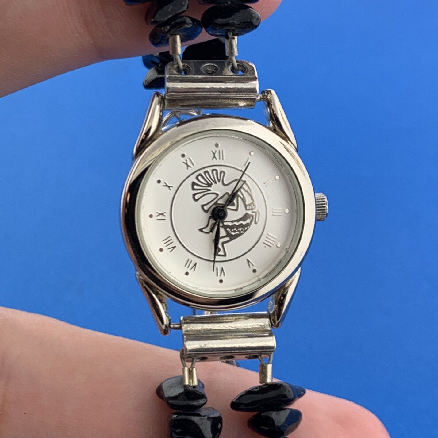 Kokopelli Dancing Flute Player 8" Black Shard Stainless Steel Wristwatch Running