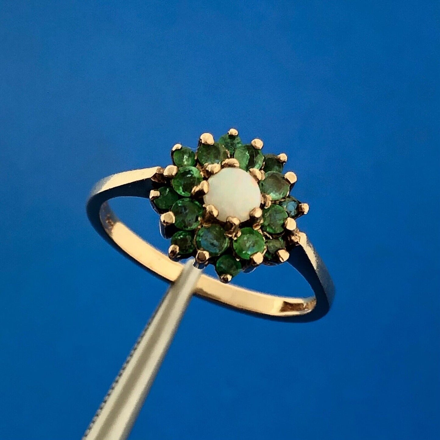 Gorgeous English 14k Yellow Gold Opal Round Emerald Cluster Ring Size 7.25