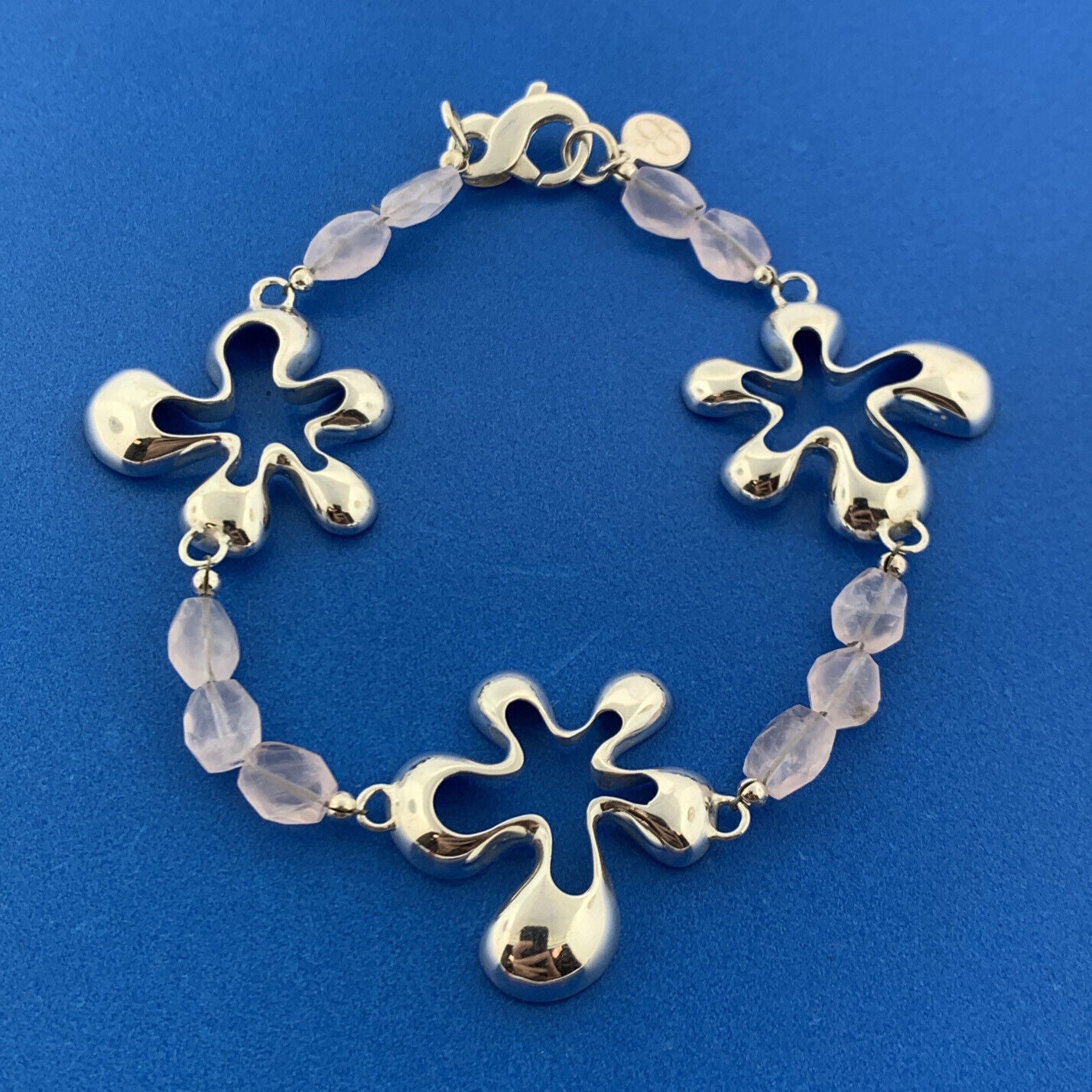 Designer Modernist Sterling Silver Rose Quartz Abstract Flower Station Bracelet