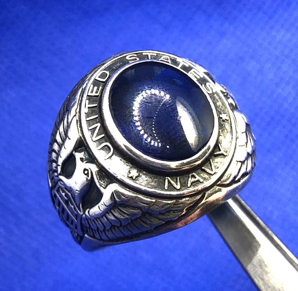Designer Sterling Silver Oval Blue Glass United States Navy Insignia Dome Ring