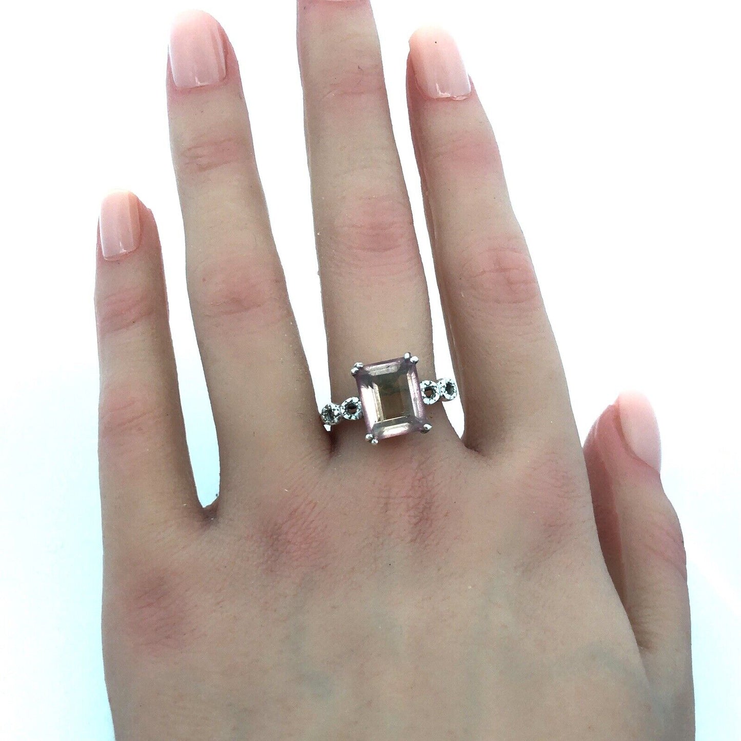Designer STS 925 Sterling Silver Emerald Cut Pink Amethyst Anniversary Ring