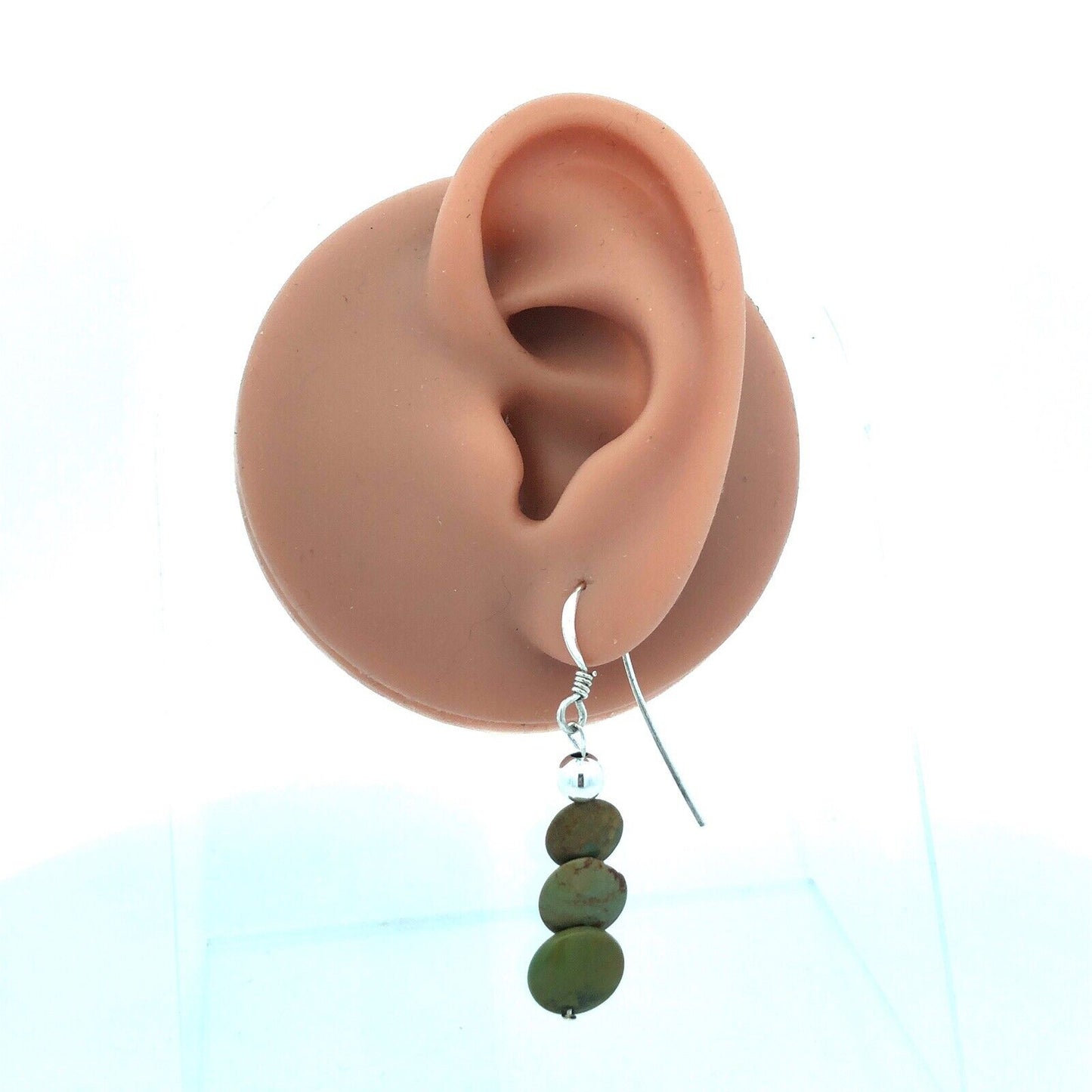 925 Sterling Silver Round Green Turquoise Disc Trio Dangle Hook Earrings