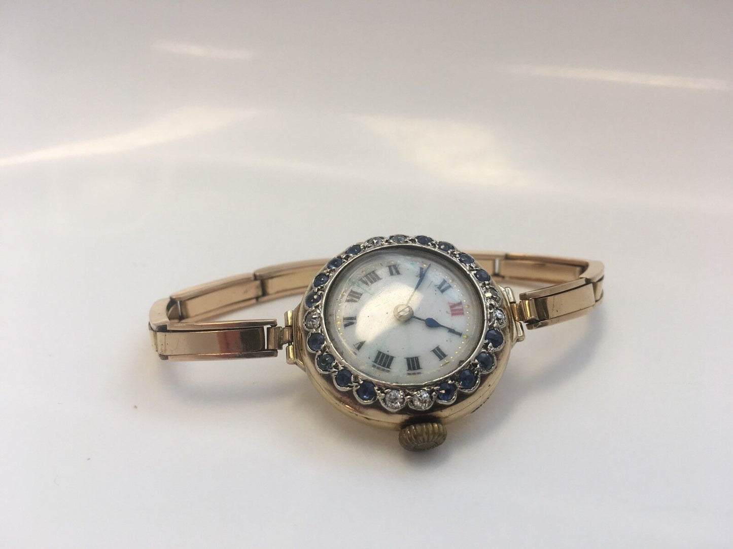 Ladies Vintage Victorian 14K Yellow Gold Diamond Sapphire Watch Adjusting Band