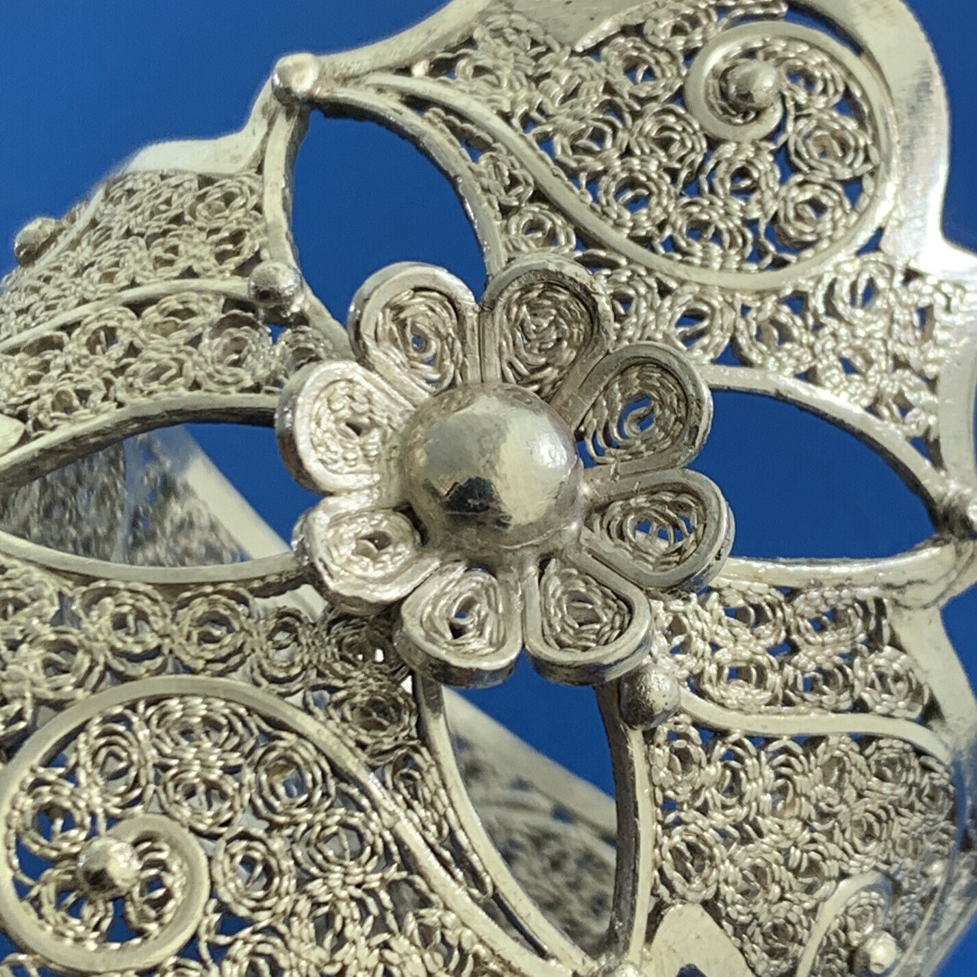 Vintage Artisan Sterling Silver Filigree Scroll Flower Statement Cuff Bracelet