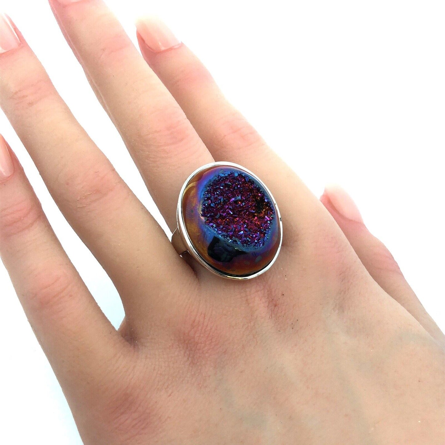 Designer 925 Sterling Silver Purple Druzy Quartz Statement Finger Size 9 Ring