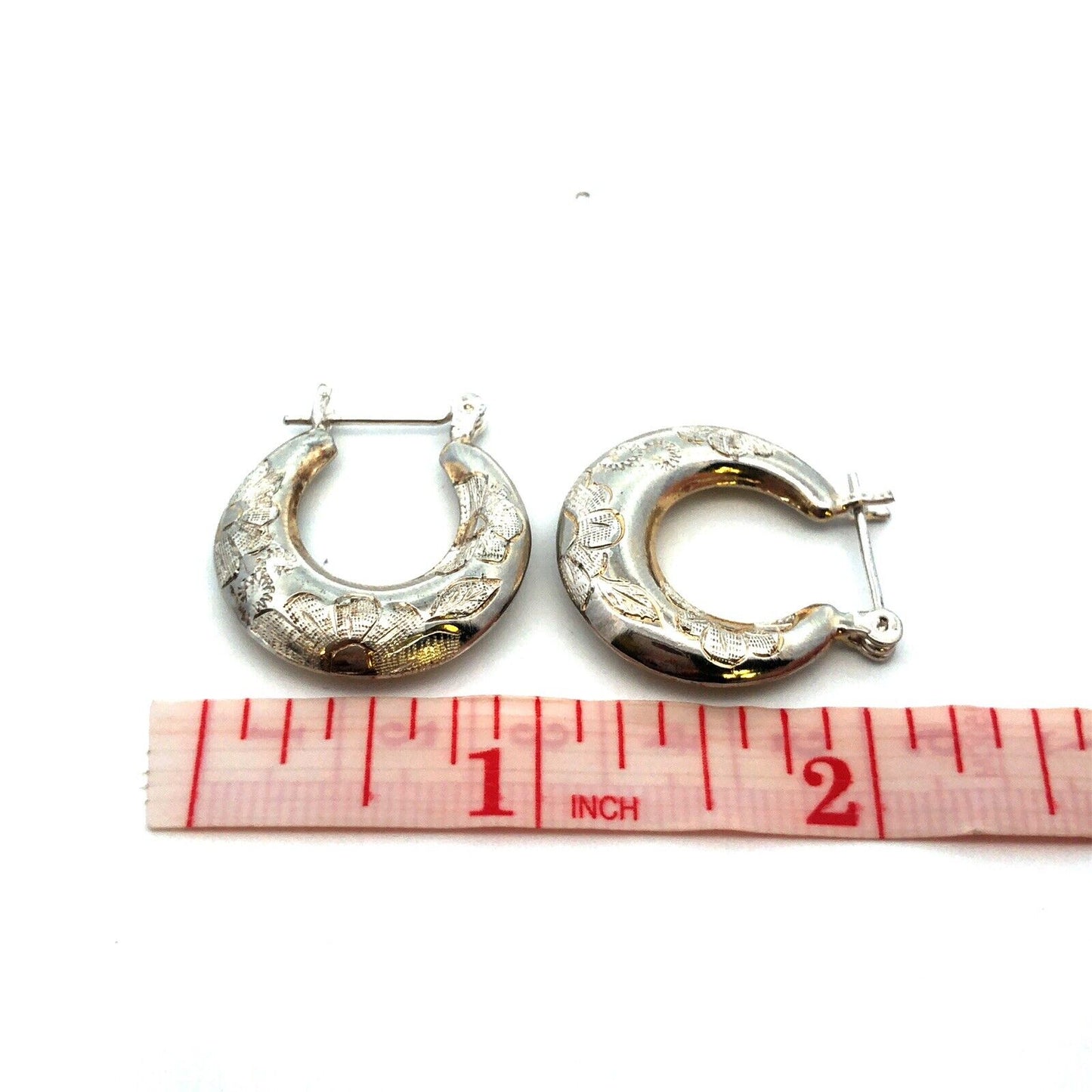 Designer Sterling Silver Floral Etched Polished Florentine Hollow Hoop Earrings