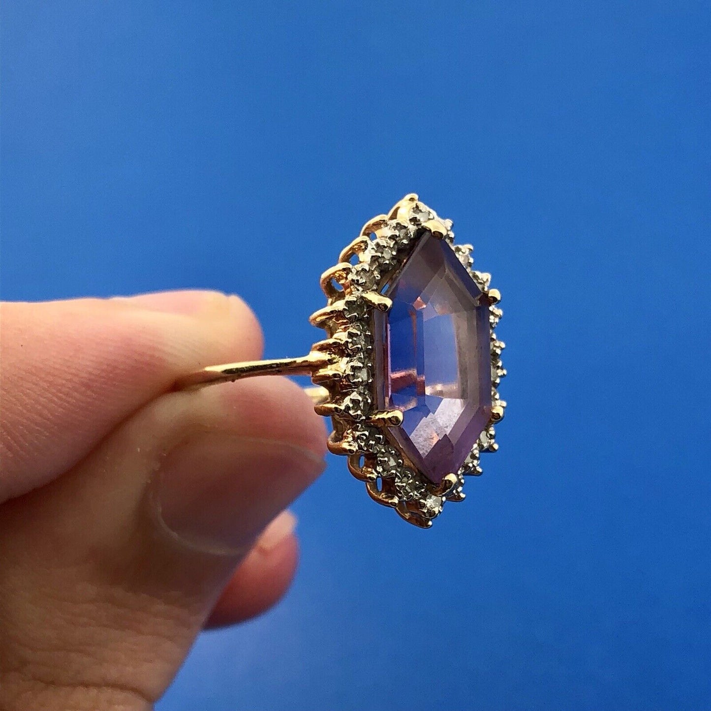 Estate 14K Yellow Gold Amethyst Diamond Halo February Anniversary Occasion Ring