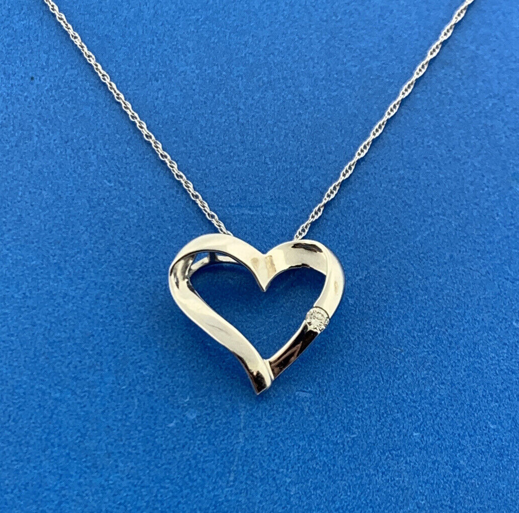 Designer 10k White Gold Round Cut Diamond Open Heart Pendant 18" Chain Necklace