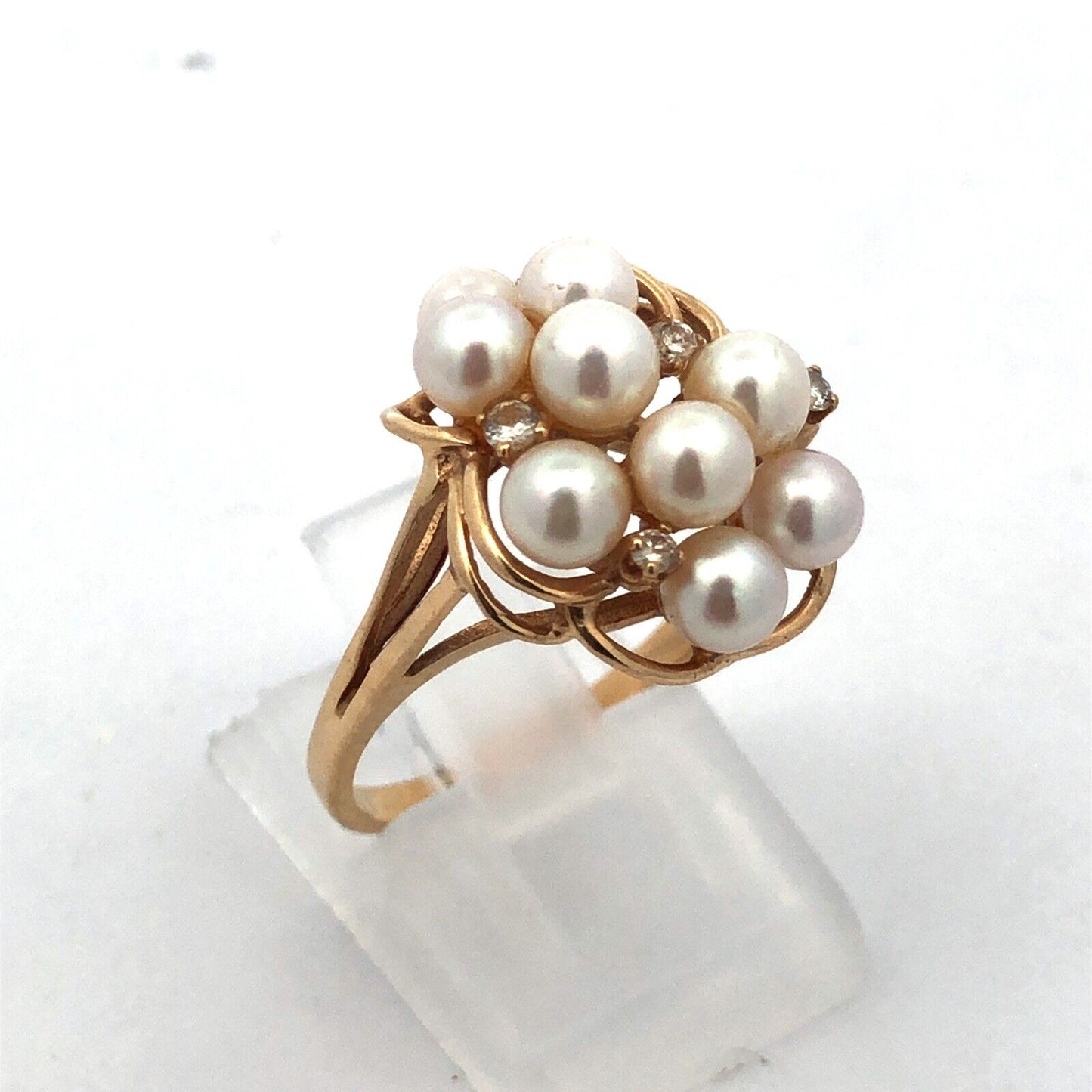 Designer 14K Yellow Gold Pearl Diamond Accented Modernist Cluster Cocktail Ring