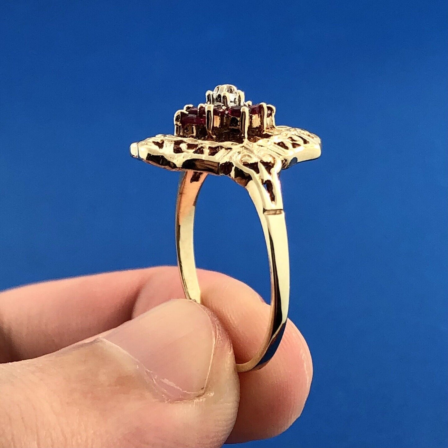 Designer JGL 10K Yellow Gold Ruby Diamond Filigree July Anniversary Ring