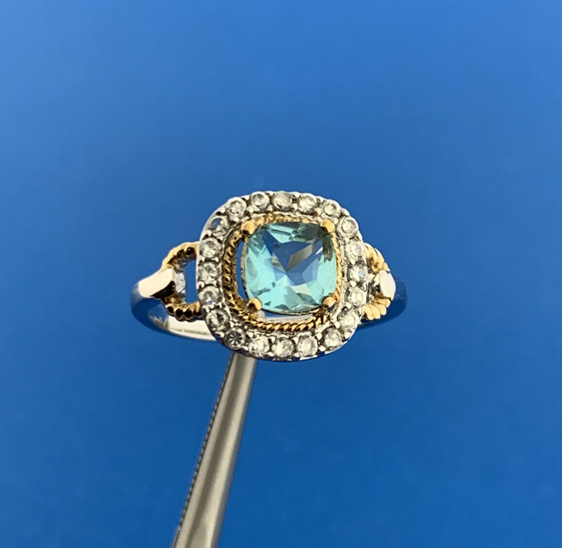 Designer Sterling Silver 925 Blue Topaz Cubic Zirconia Halo Engagement Ring