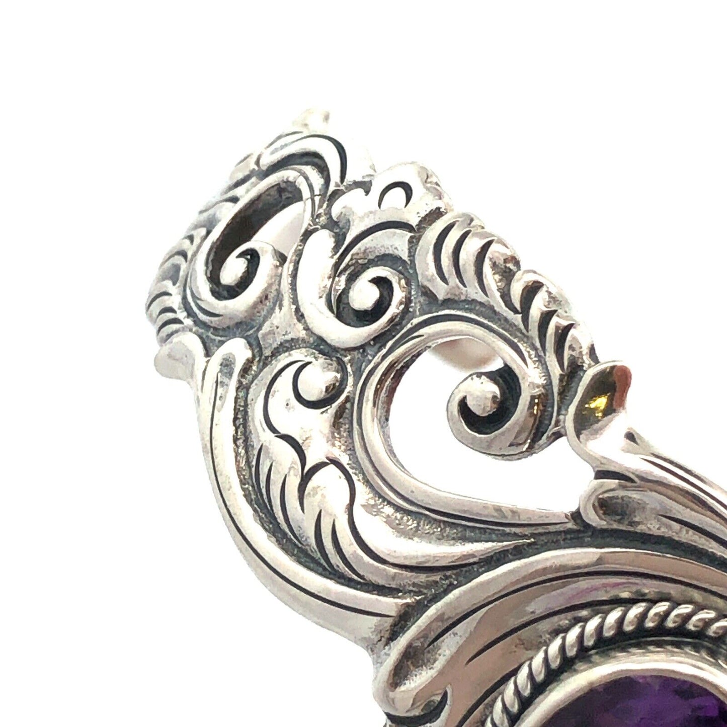 Vintage 925 Sterling Silver Oval Amethyst Floral Scroll Open Cuff Bracelet