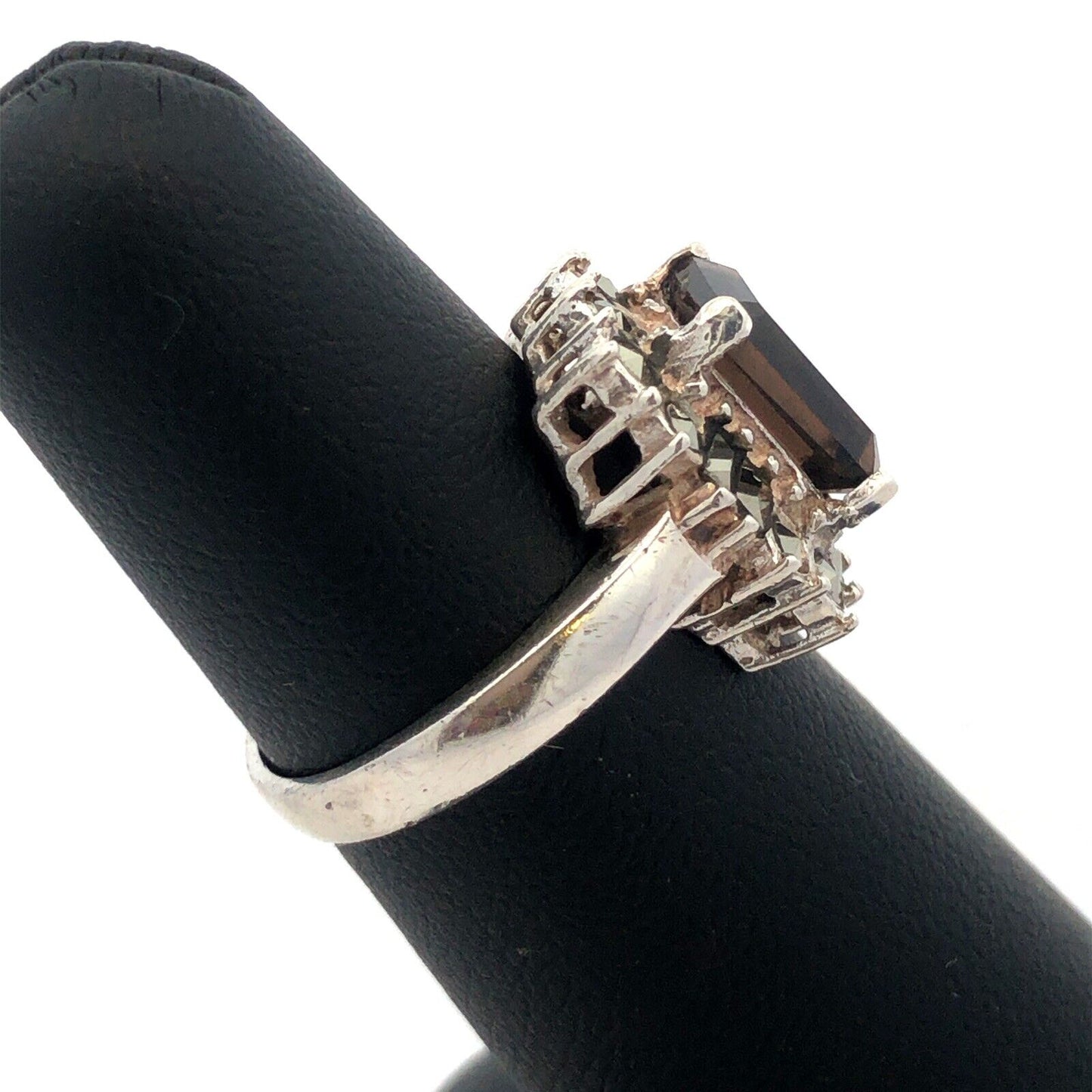 Designer 925 Sterling Silver Emerald Cut Smoky Quartz Hematite Halo Accent Ring