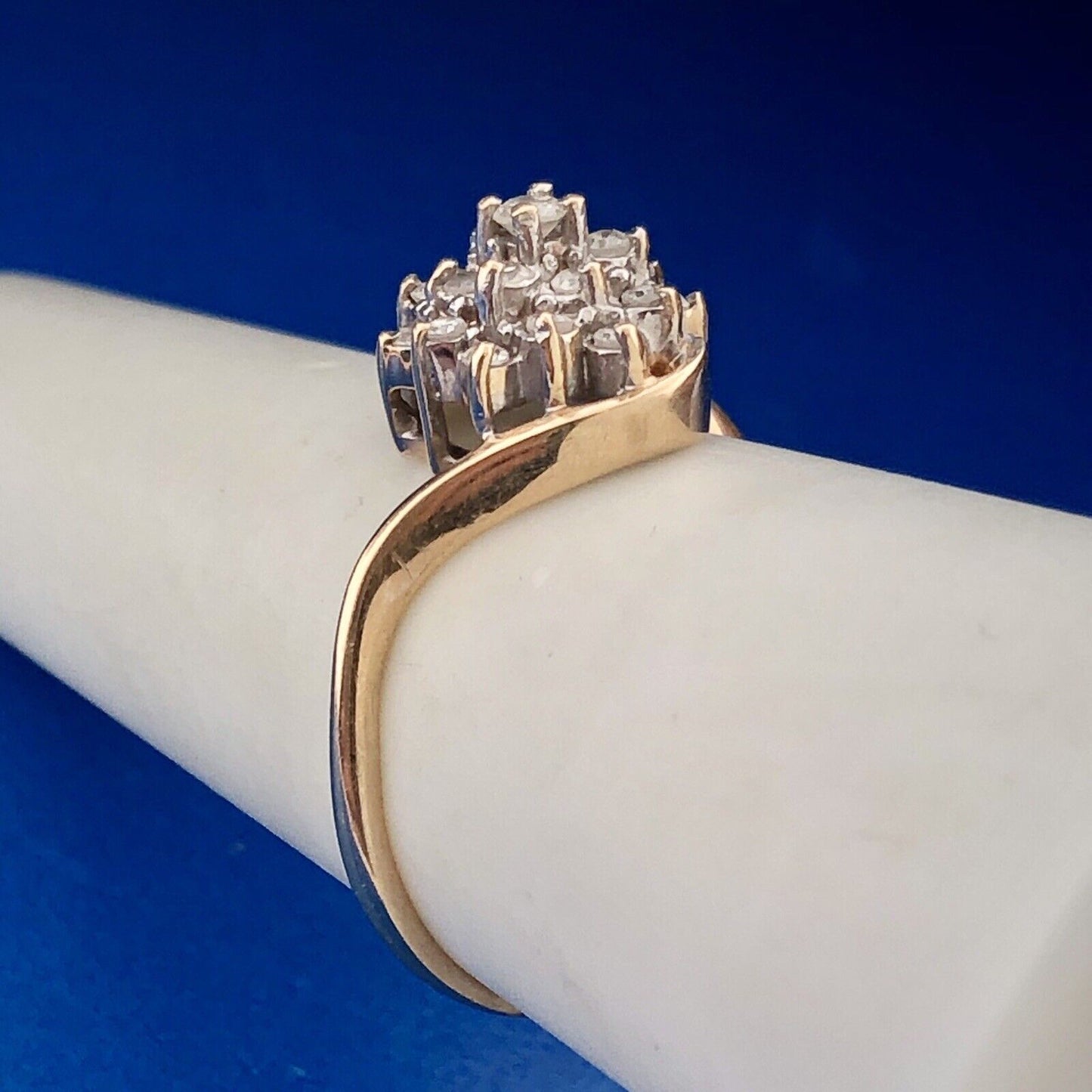 Retro 14K Yellow Gold Diamond Floral Cluster Bypass Engagement Bridal Ring