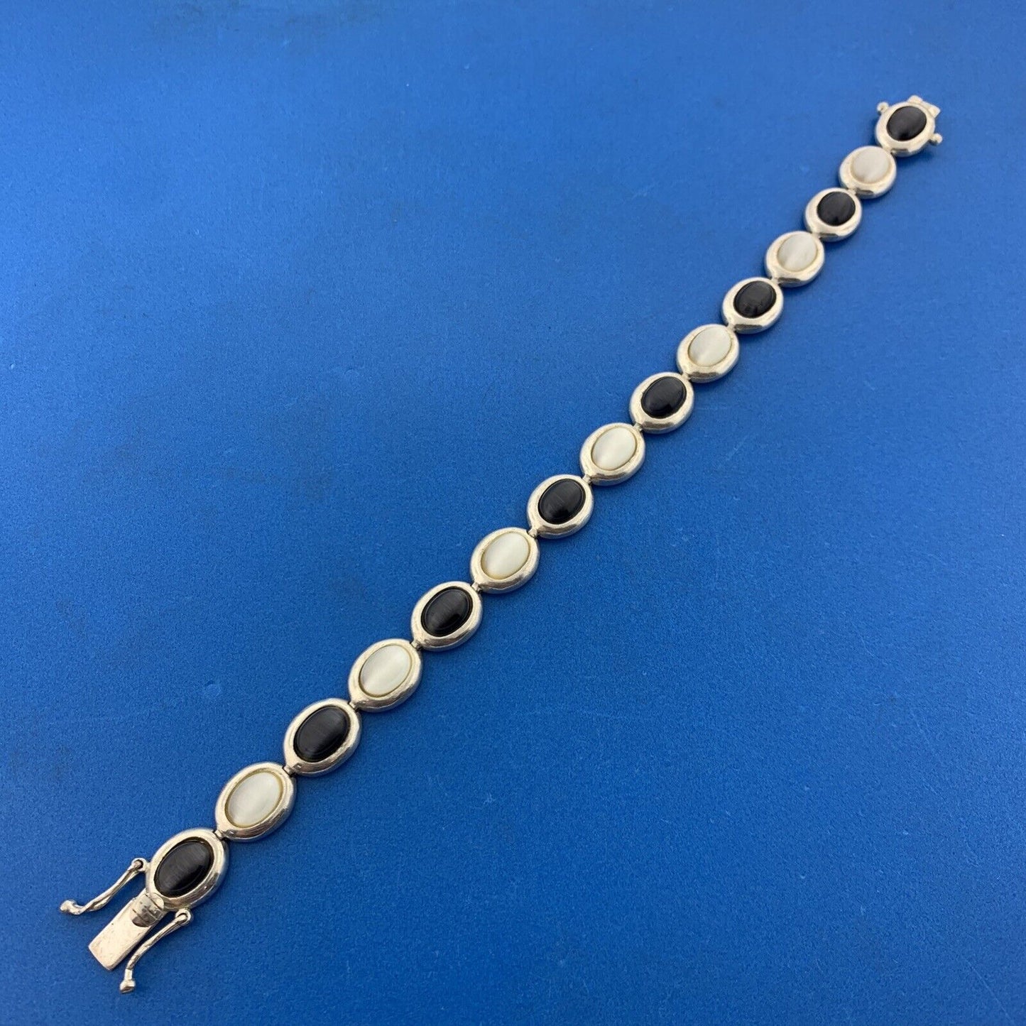 Vintage FAS Sterling Silver Black White Star Sapphire Cabochon Tennis Bracelet