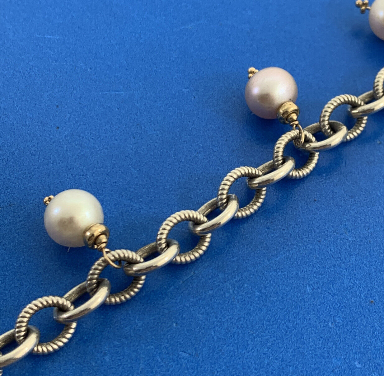 Estate 925 Sterling Silver 14K Gold Accented Pearl Charm Toggle Bracelet