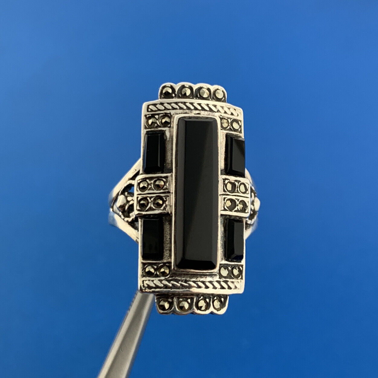 Estate 925 Sterling Silver Black Onyx Marcasite Heart Openwork Statement Ring