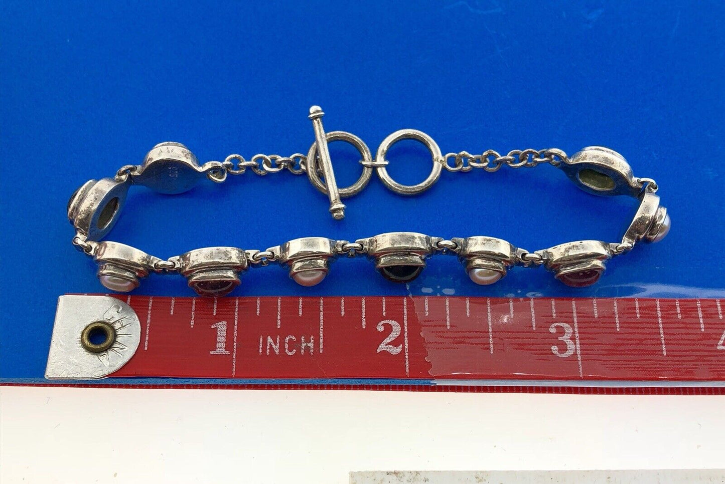 Retro Sterling Silver 925 Green Purple Amethyst Pearl February Toggle Bracelet