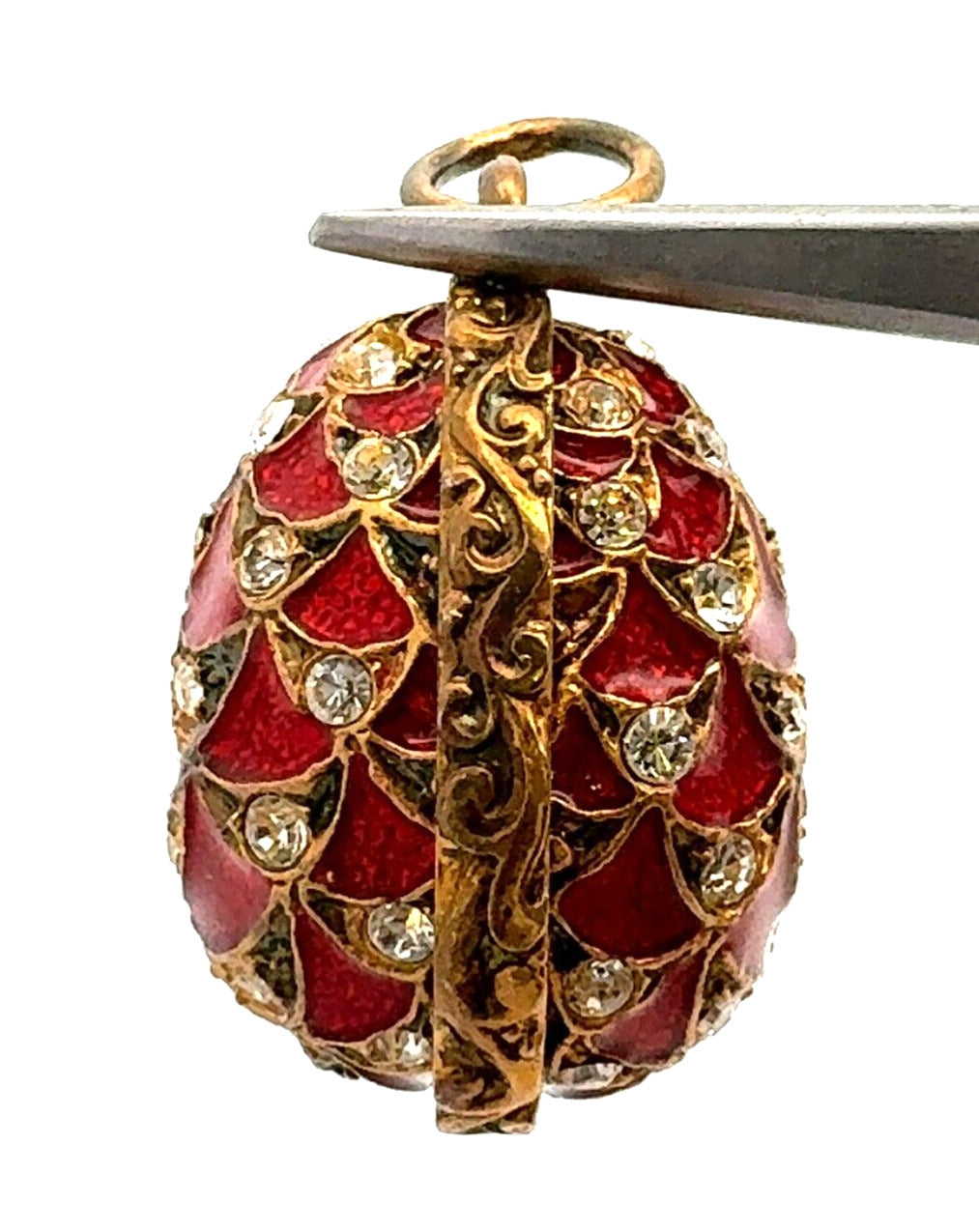 Vintage 925 Sterling Silver Gold Vermeil CZ Red Enamel Faberge Egg Pendant