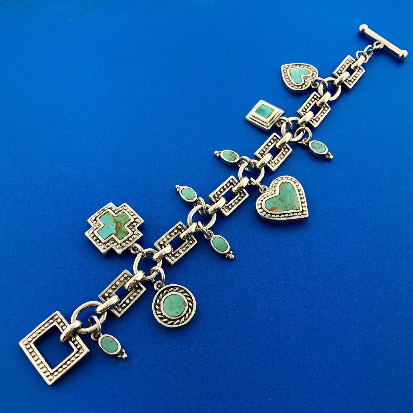 Lovely Sterling Silver 925 Multi-Shaped Turquoise Inlay Charm 7" Toggle Bracelet