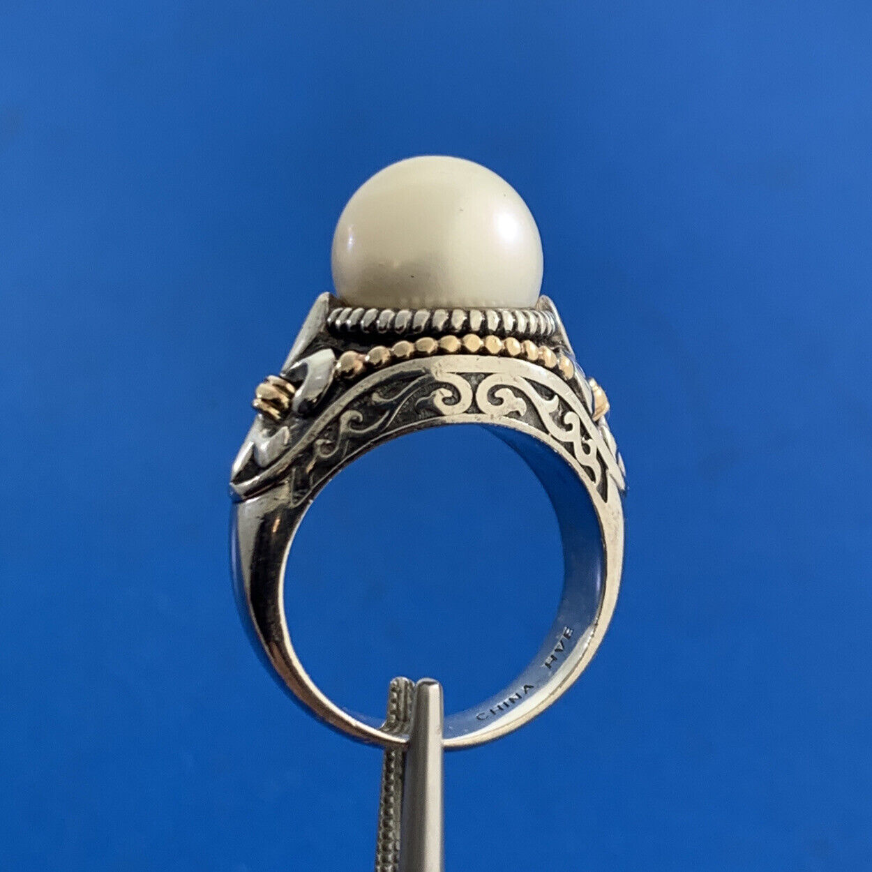 Designer 925 Sterling Silver 14K Yellow Gold Pearl Fleur De Lis Statement Ring