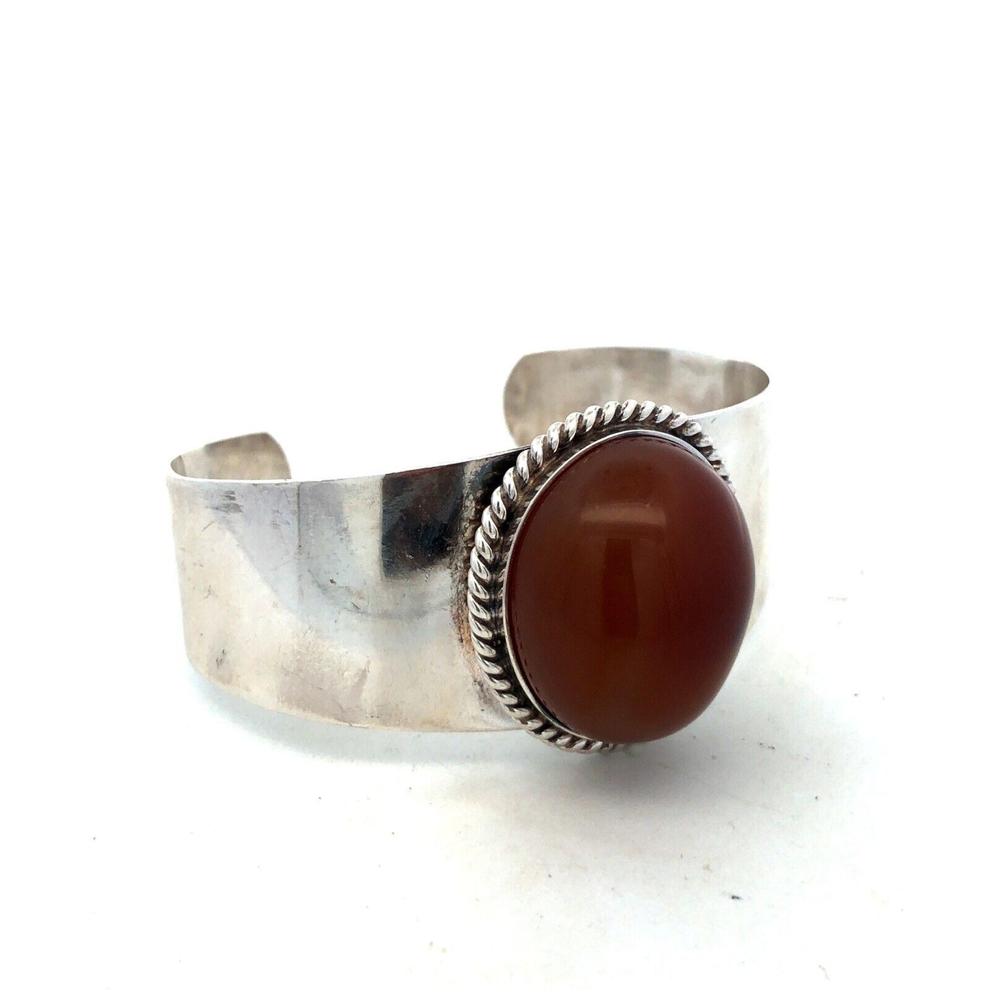Estate 925 Sterling Silver Oval Carnelian Reeded Statement Open Cuff Bracelet