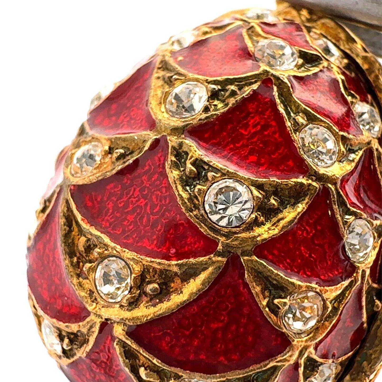 Vintage 925 Sterling Silver Gold Vermeil CZ Red Enamel Faberge Egg Pendant