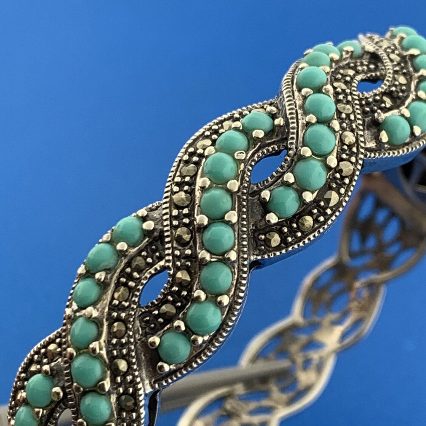 Sterling Silver 925 Turquoise Marcasite Dual Spiral 7" Hinged Cuff Bracelet