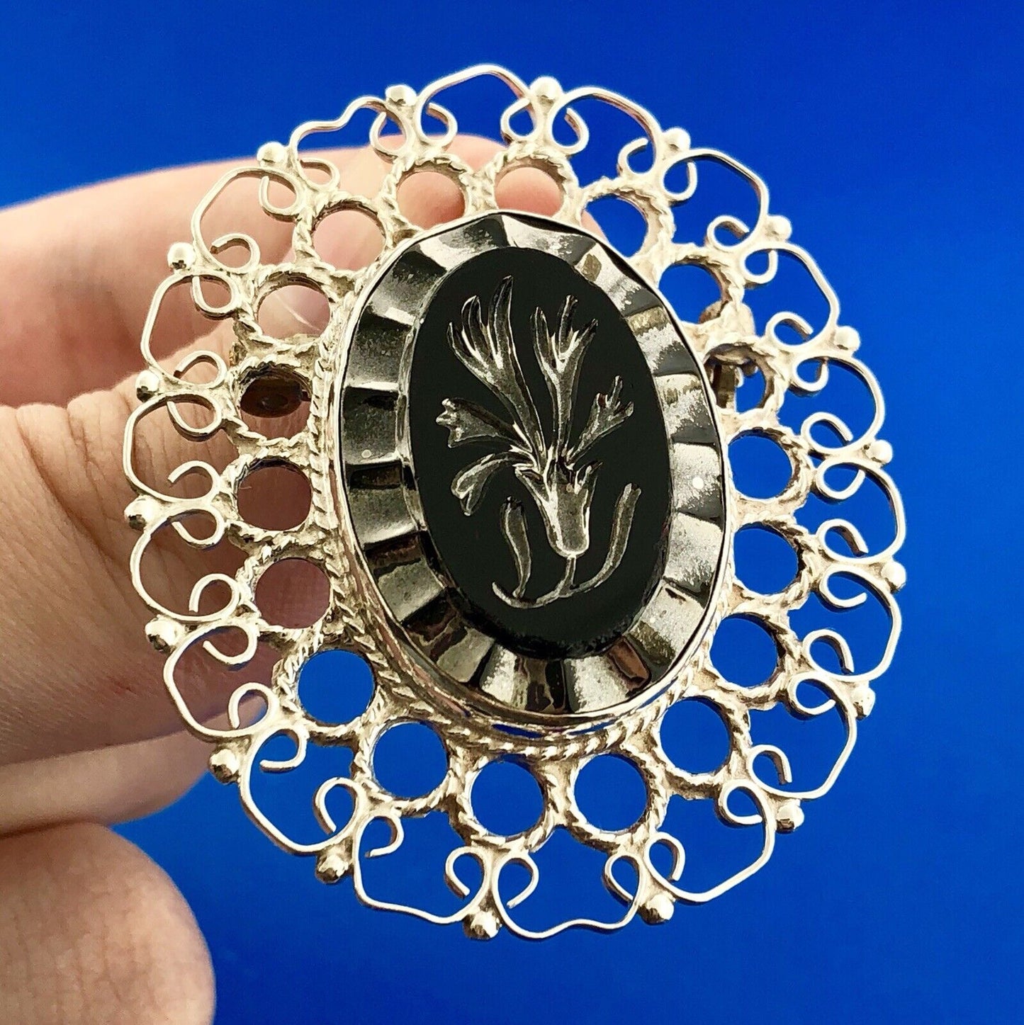 Plata De Jalisco Mexico Sterling Silver Black Intaglio Glass Pin Brooch Pendant