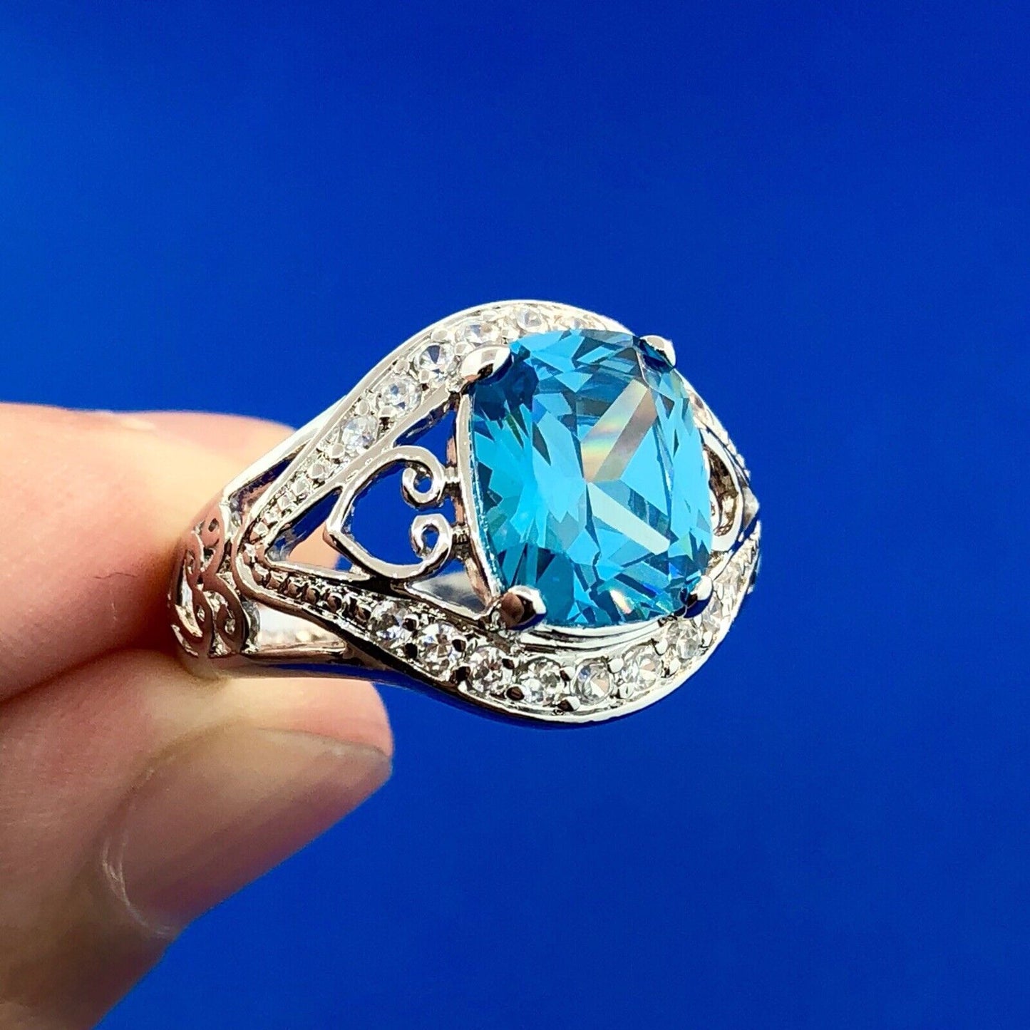Designer CaA 925 Sterling Silver London Blue Topaz Diamond Engagement Ring