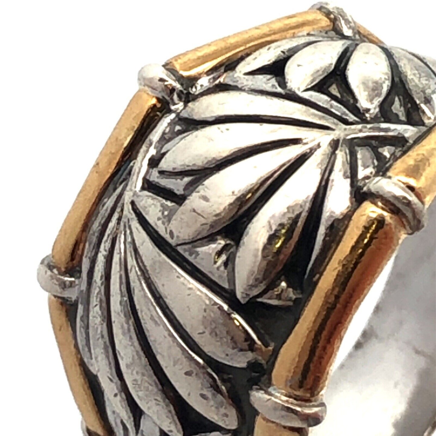 Designer P 925 Sterling Silver 22K Yellow Gold Palm Leaves Bamboo Wide Band Ring