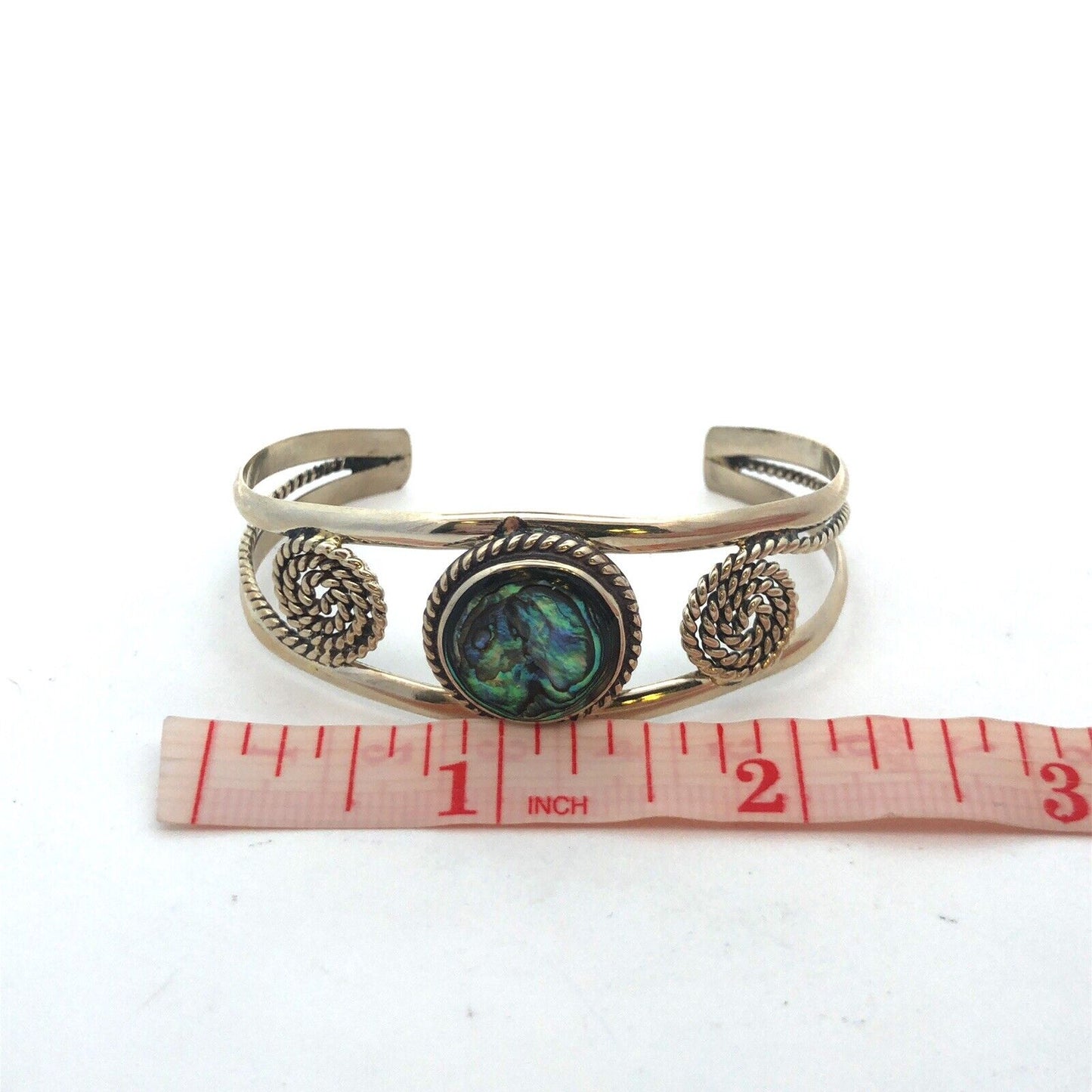Vintage Mexico Alpaca 925 Sterling Silver Round Abalone Filigree Cuff Bracelet