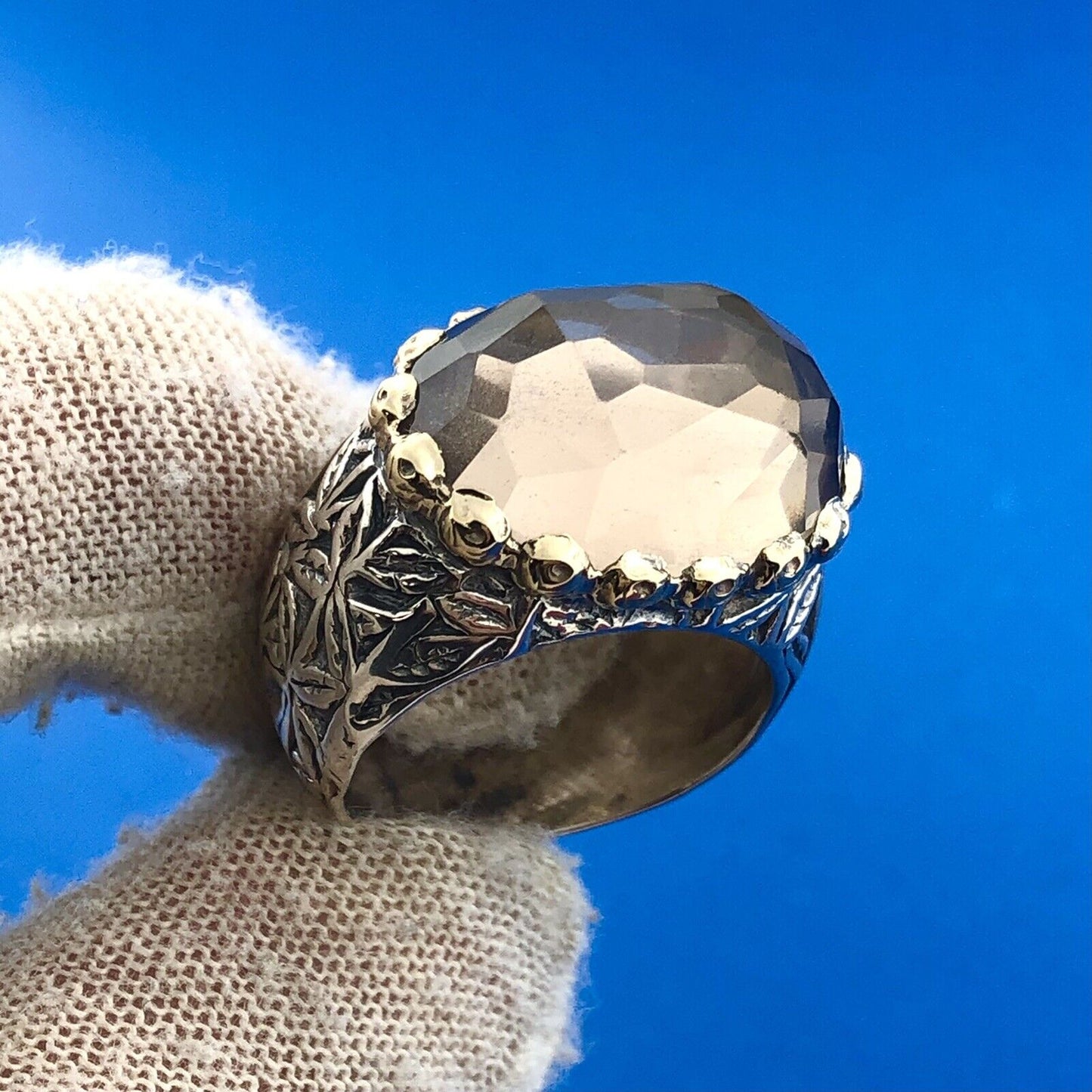 Retro 925 Sterling Silver 14K Two Toned Floral Engraved Smoky Quartz Dome Ring