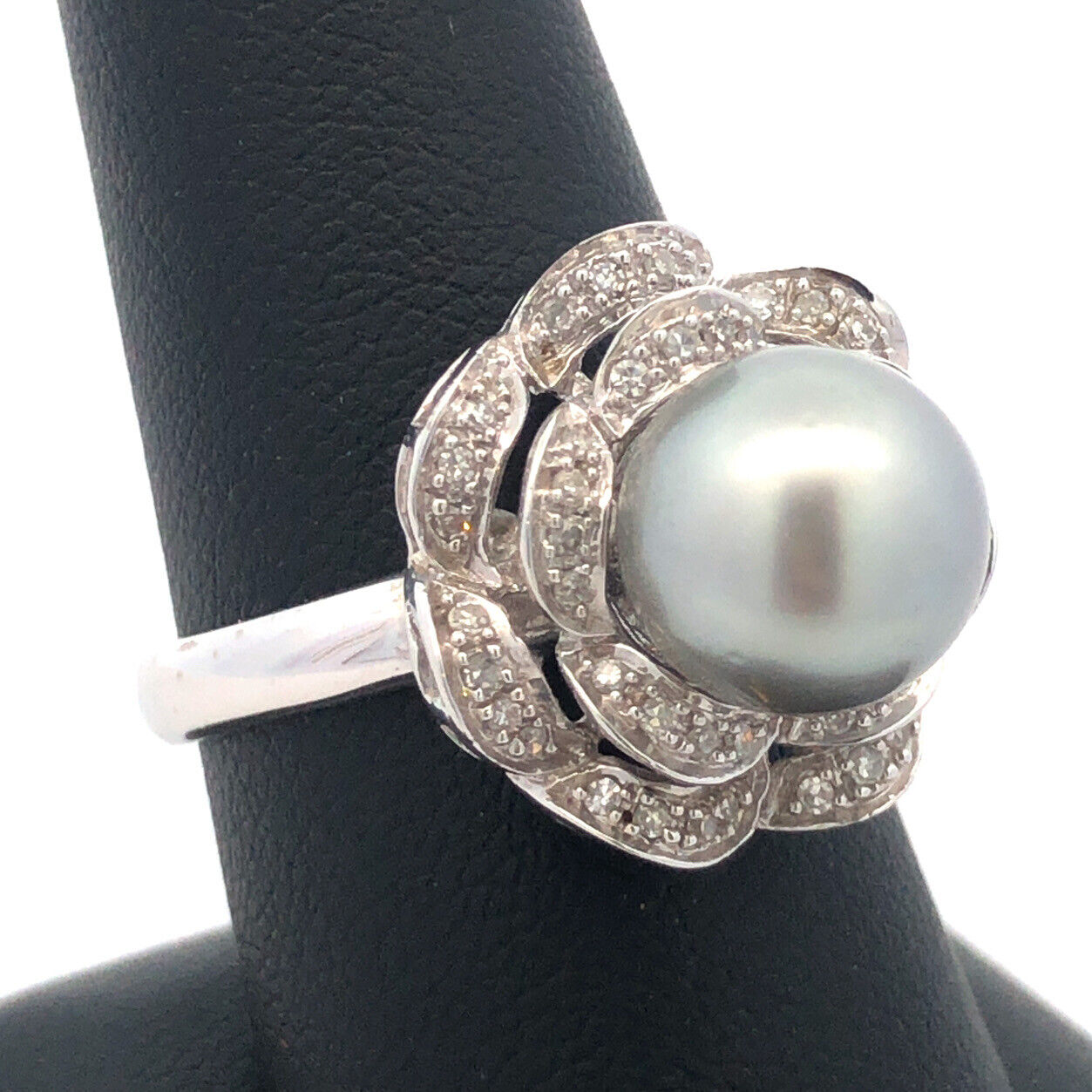 Designer 14K White Gold Tahitian Pearl Diamond Statement Cocktail Ring