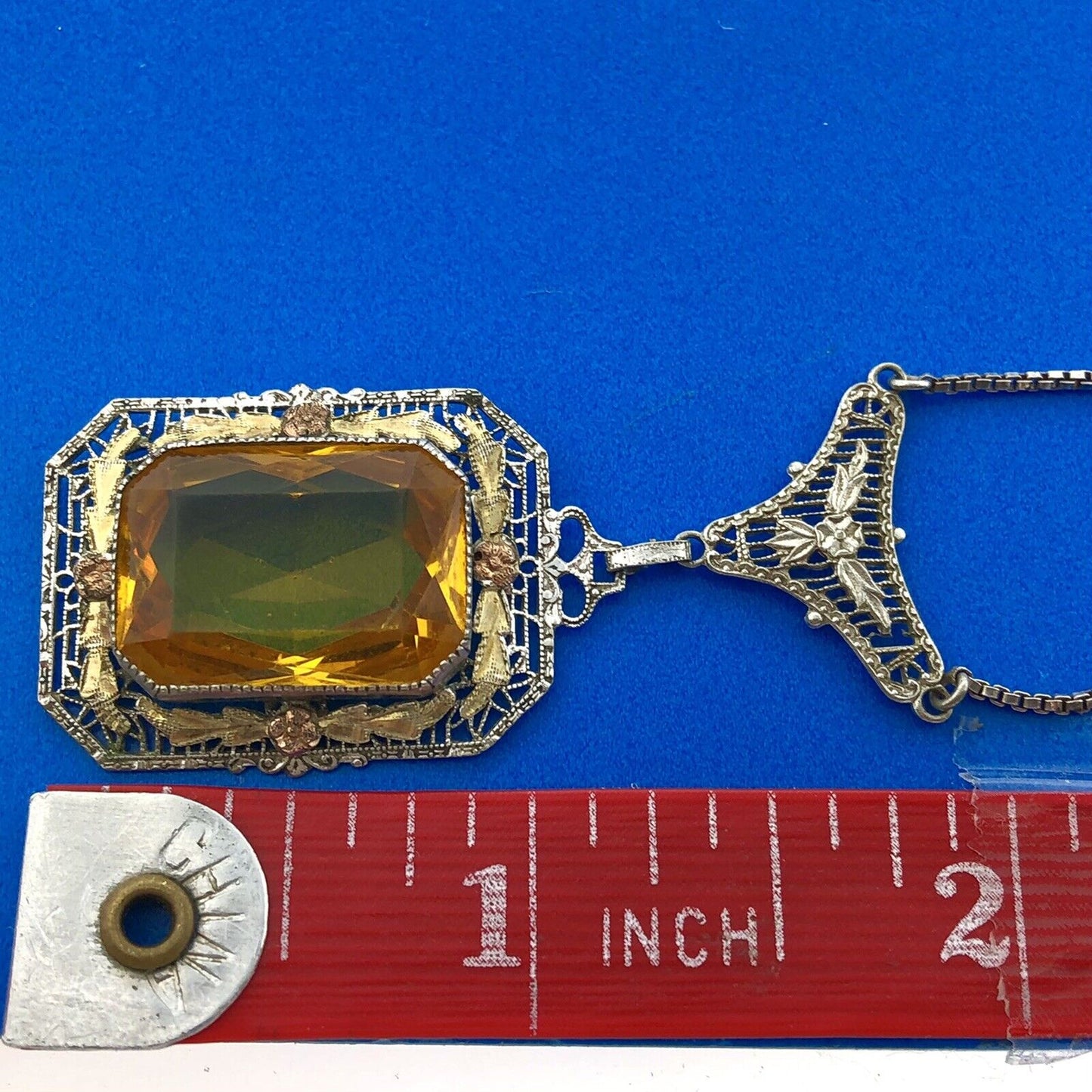 Italy 925 Sterling Silver 14K Yellow Gold Lemon Quartz Filigree Floral Necklace