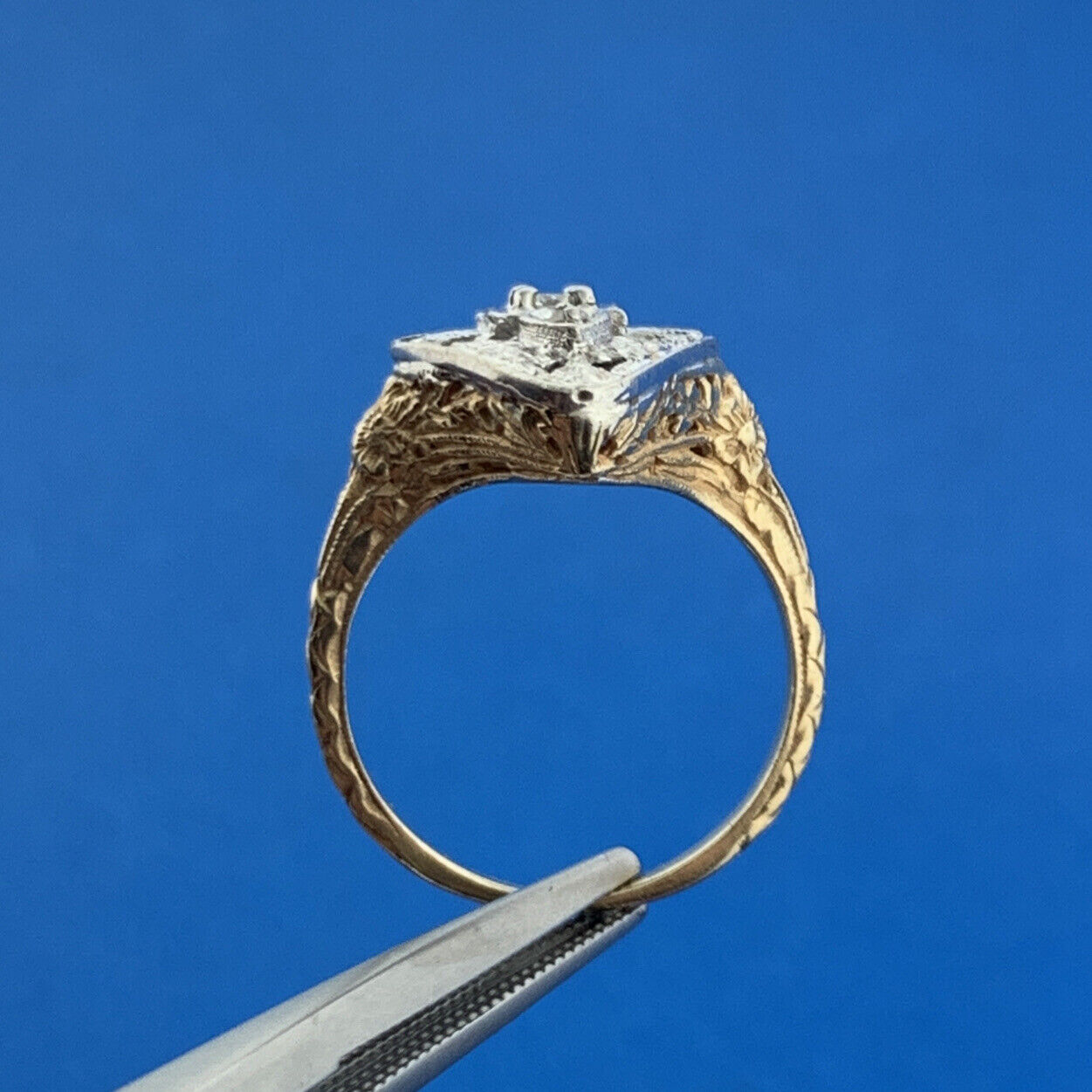 Art Deco 14K Yellow White Gold Diamond Open Work Filigree Cocktail Ring