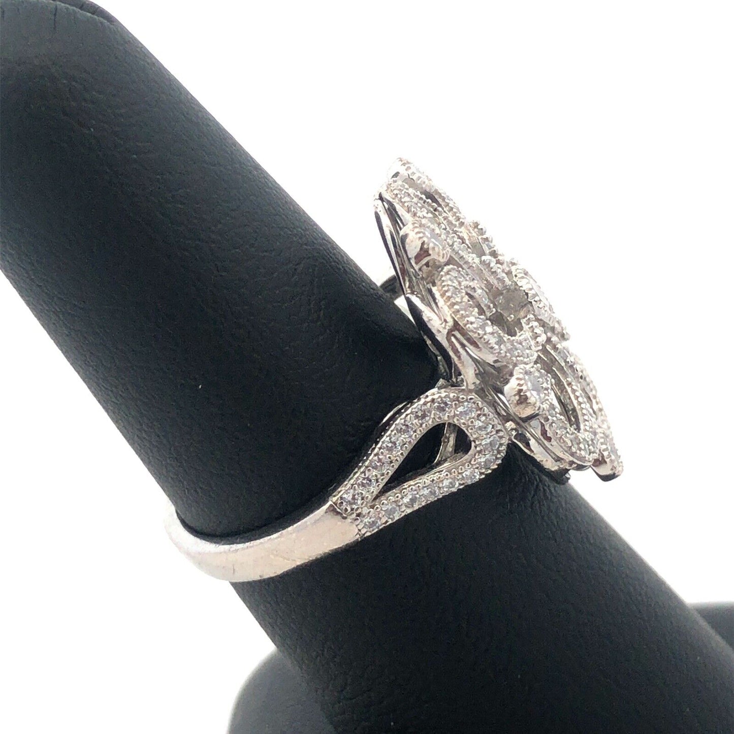 925 Sterling Silver Round Cubic Zirconia CZ Flower Swirl Cocktail Ring