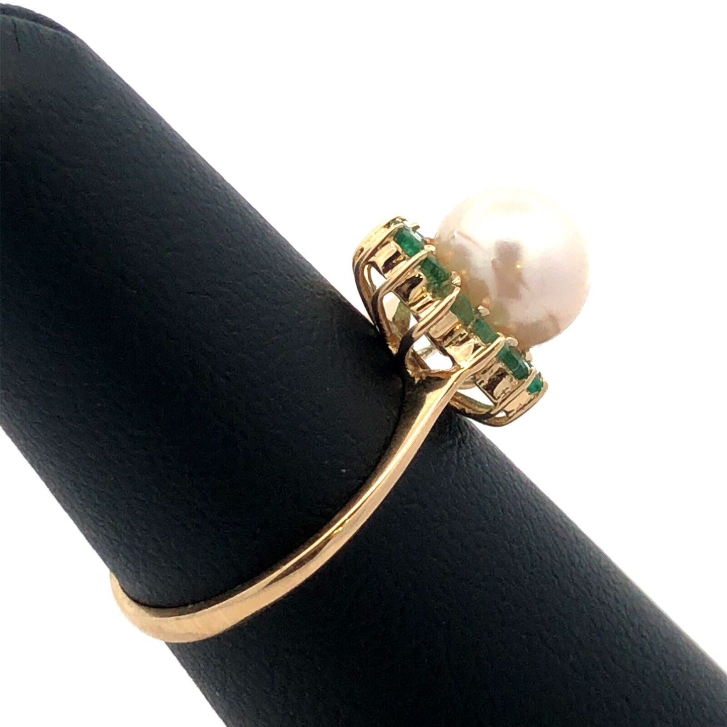 Designer 14K Yellow Gold Round Pearl Green Tourmaline Halo Cocktail Ring
